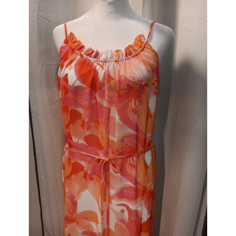 Nicole Miller Tropical Sheer Tiered Maxi Dress Belted Floral Boho XS - Picture 2 of 13